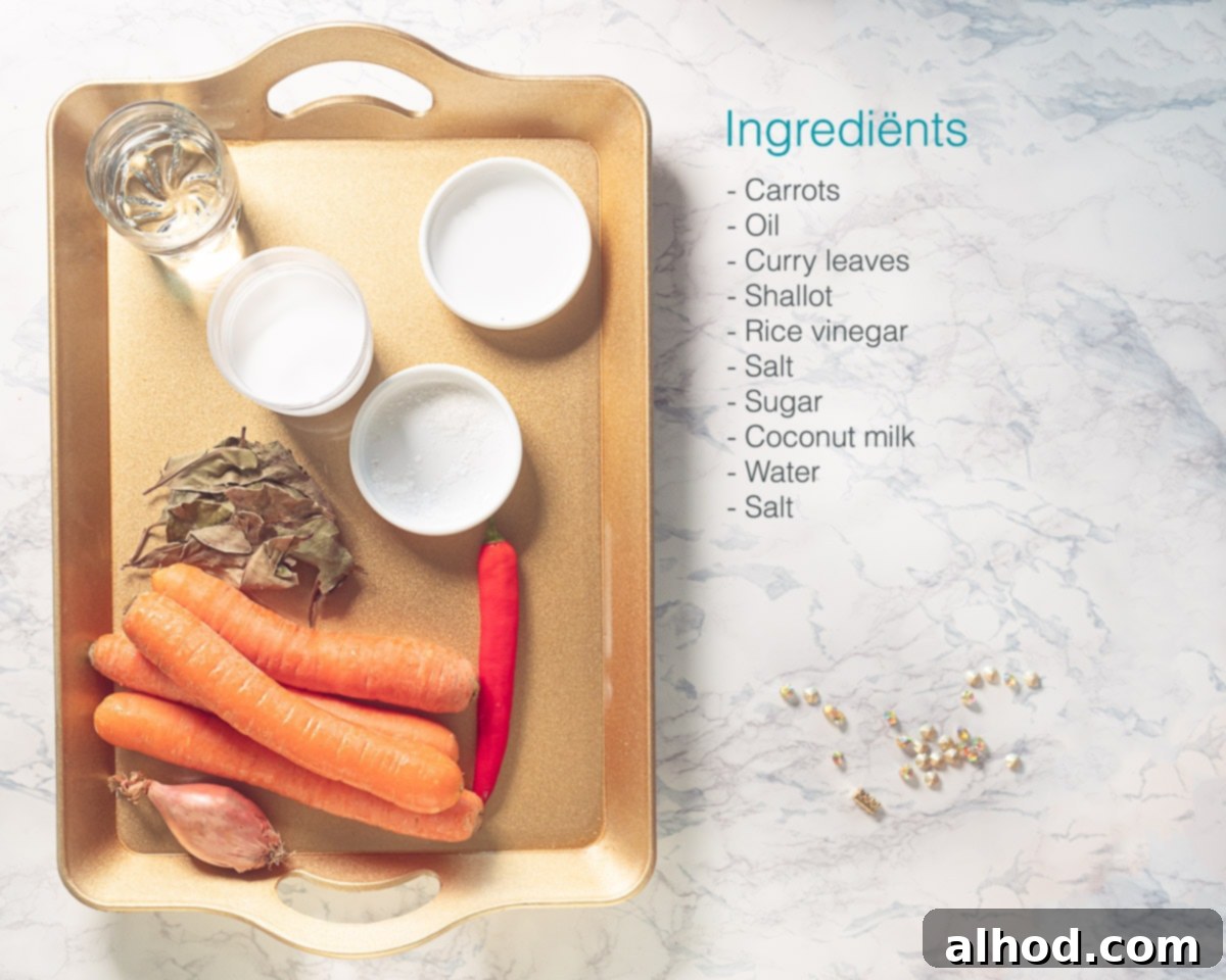 Lacy Sri Lankan Hoppers with Rich Beef Curry 5 Ingredients for Sri Lankan Carrots with Tropical Flavors on a golden tray with a marbled surface and a text list on the side.