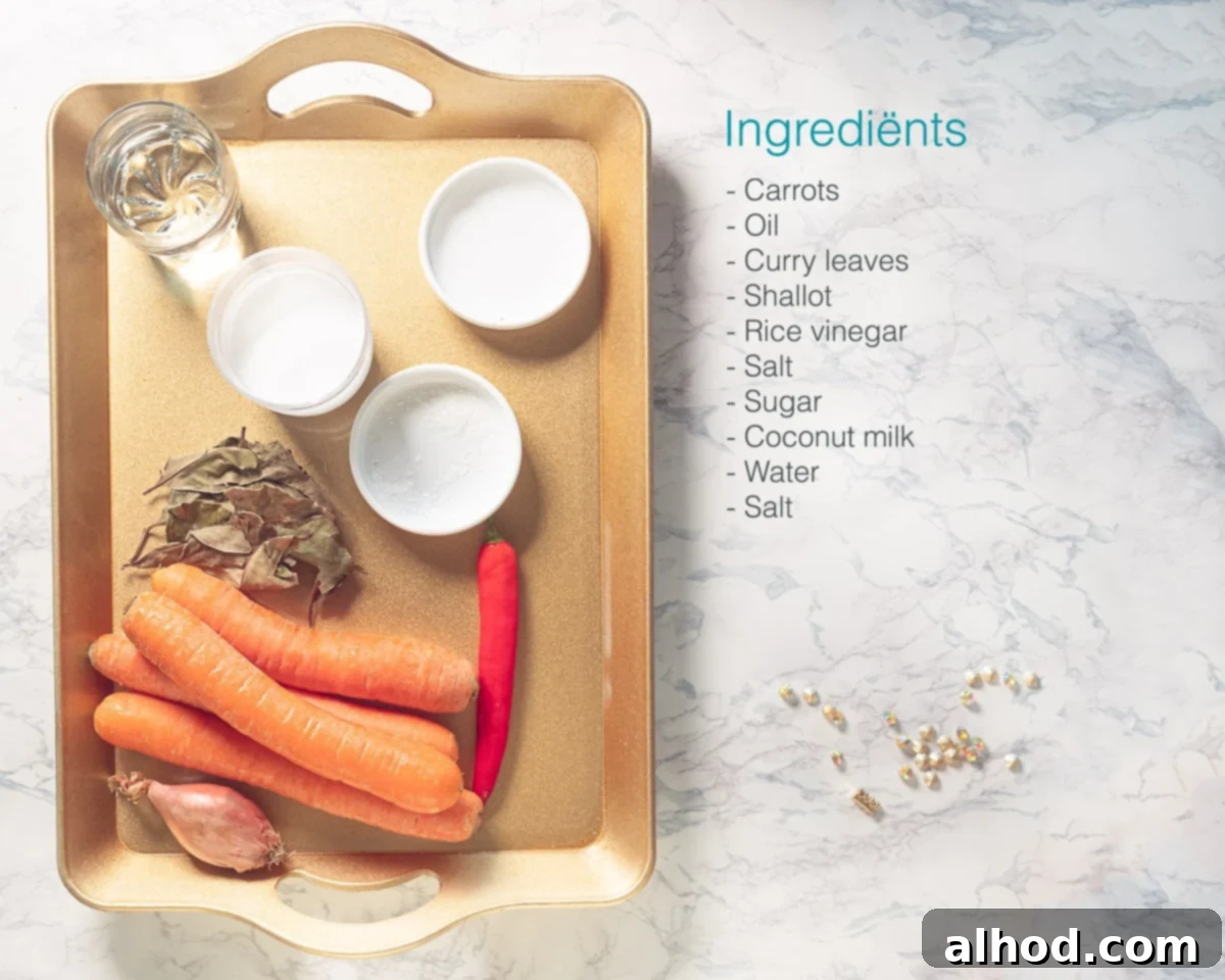 Hoppers & Heat: Sri Lanka's Spiced Beef Curry 5 Ingredients Sri Lankan Carrots with Tropical Flavors on a golden tray. On the right side on a marbled surface a text list with ingredients