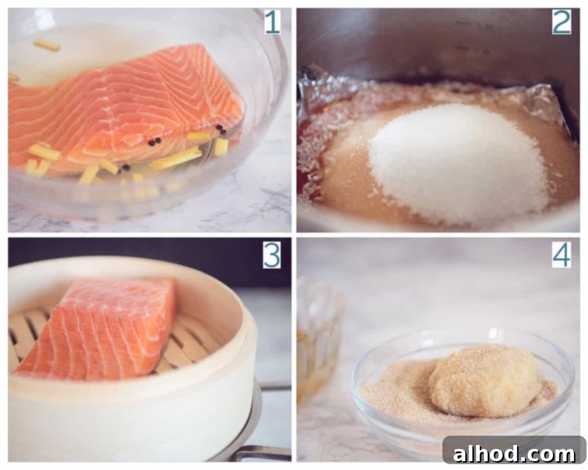Wasabi-Spiked Smoked Salmon Latkes 4 A four-panel collage illustrating the preparation steps for Hot Smoked Salmon with Wasabi Potato Cakes, from marinating to frying.