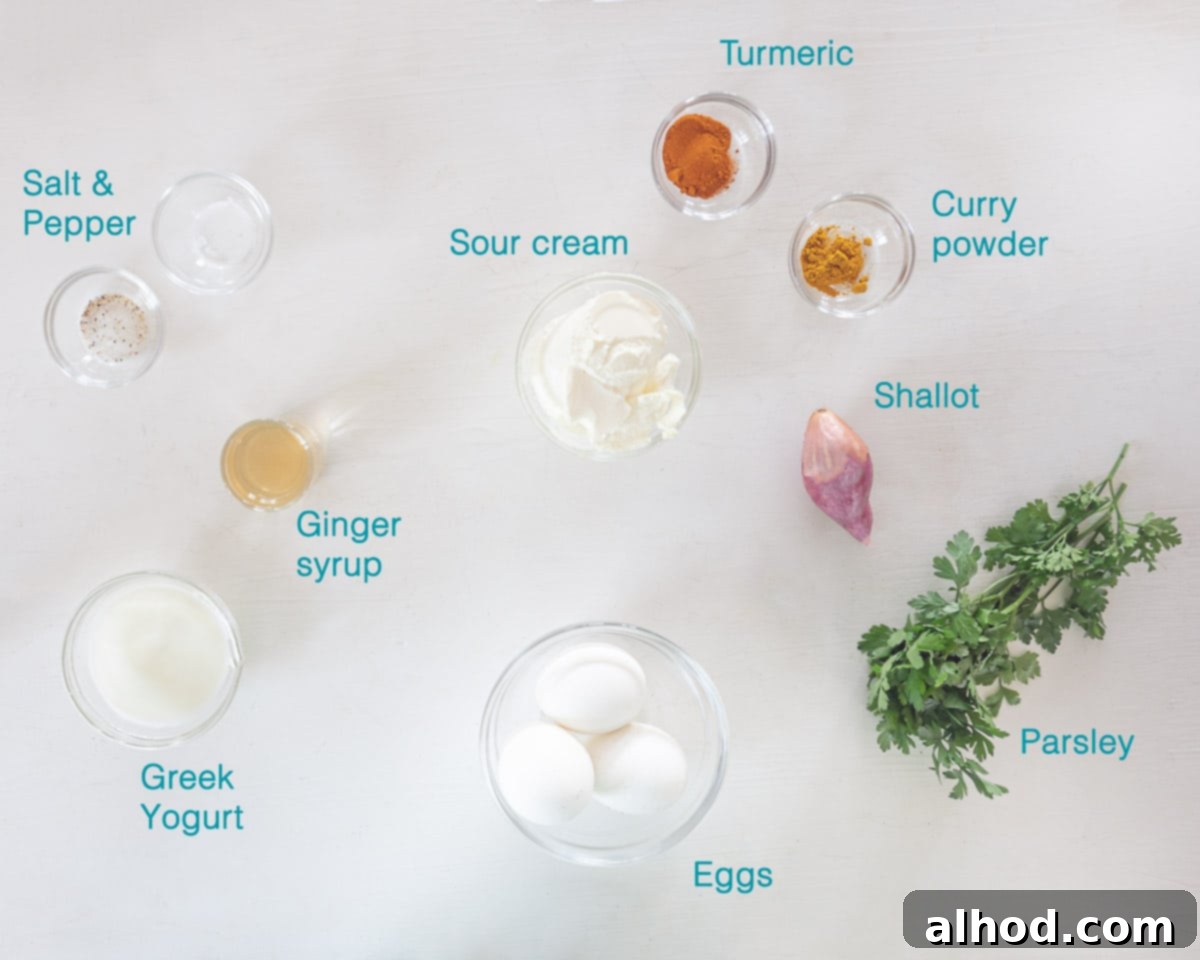 Reinvented Egg Salad No Mayo 3 Various ingredients for Egg Salad without Mayo, including hard-boiled eggs, Greek yogurt, sour cream, shallot, parsley, turmeric, curry powder, and ginger syrup, are neatly arranged and individually labeled on a clean white background.