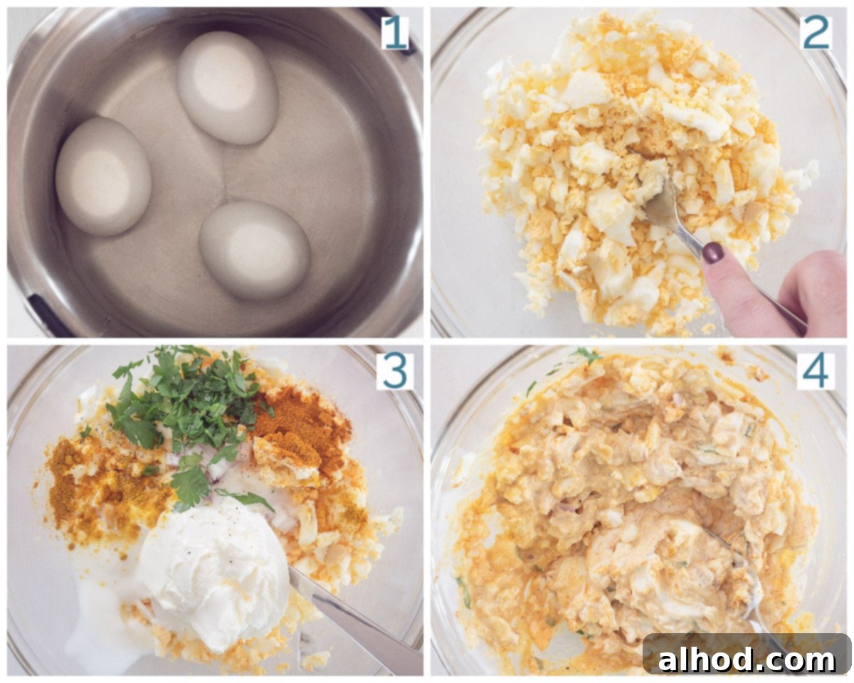 Reinvented Egg Salad No Mayo 4 A four-panel collage illustrating the simple preparation steps for making tasty egg salad quickly and easily. Each panel shows a key stage of the process, from boiling eggs to mixing ingredients, providing a clear visual guide.