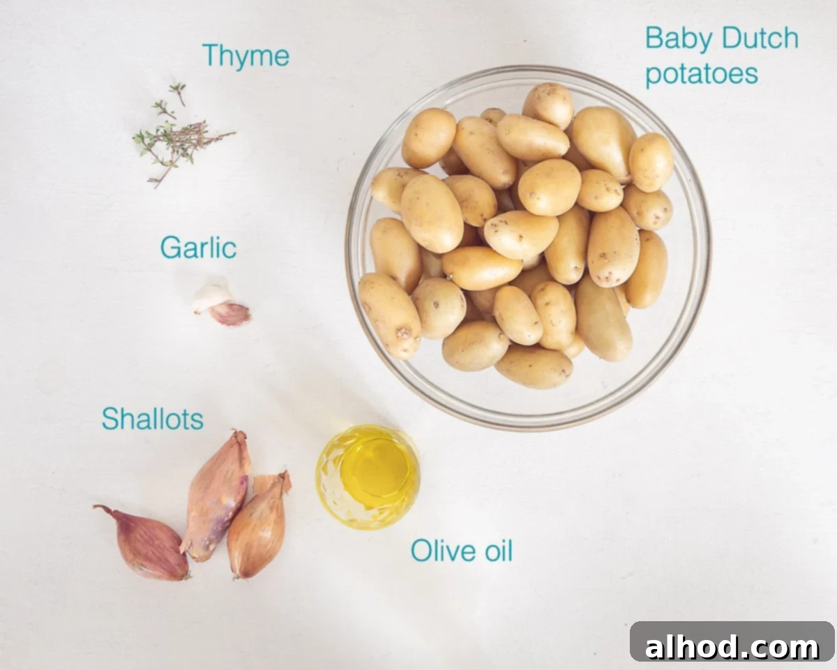 Crispy Oven Roasted Baby Dutch Potatoes 3 Ingredients Oven Roasted Baby Dutch Potatoes, individually labelled on a white background