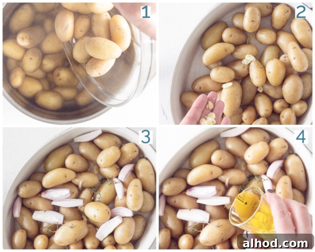 Golden Crispy Oven Roasted Baby Dutch Potatoes 4 A four-photo preparation collage showing the steps for oven-roasted baby Dutch Potatoes: boiling, mixing with ingredients, placing in baking dish, and baking.