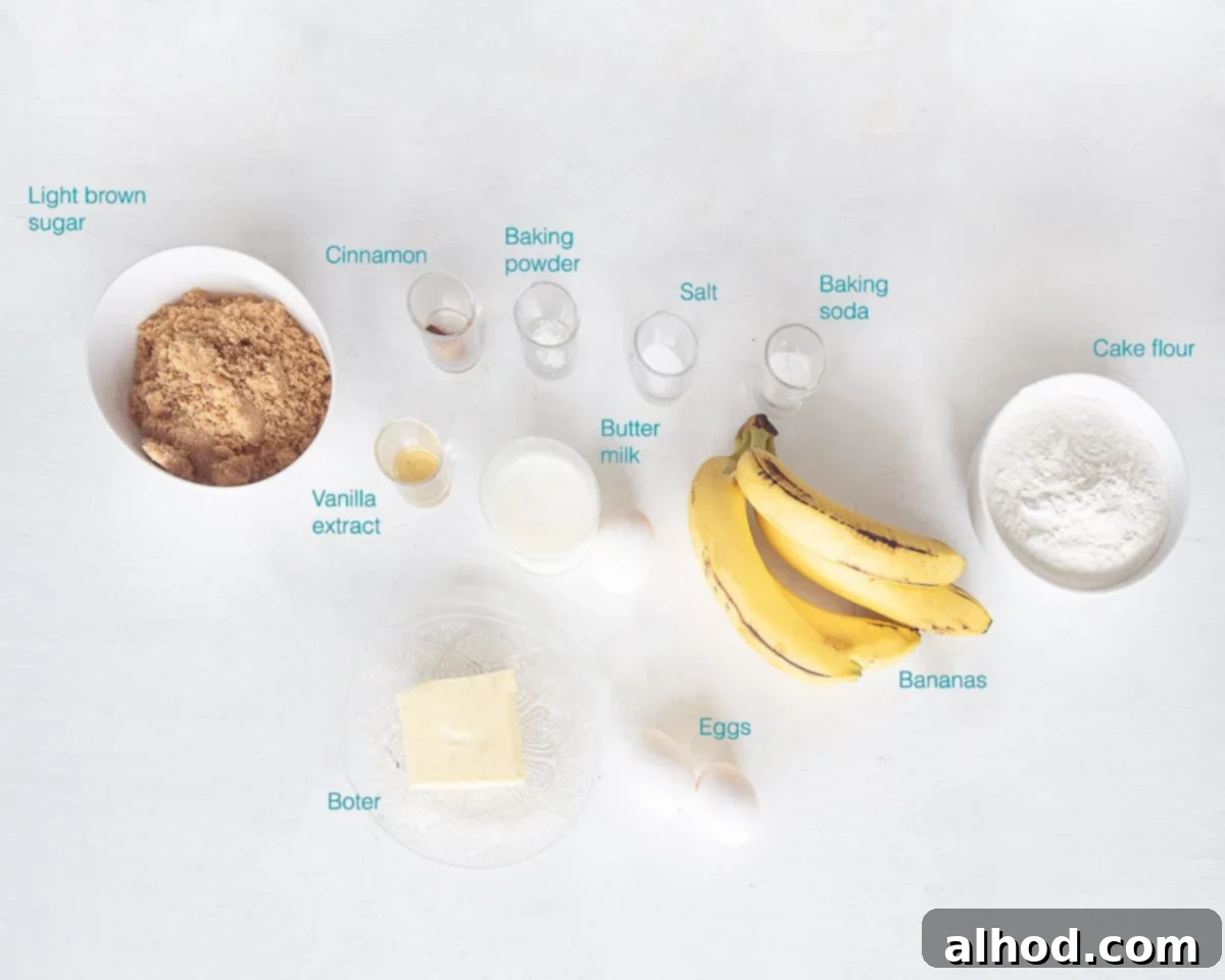 Individually labeled ingredients for banana cupcakes on a white background.
