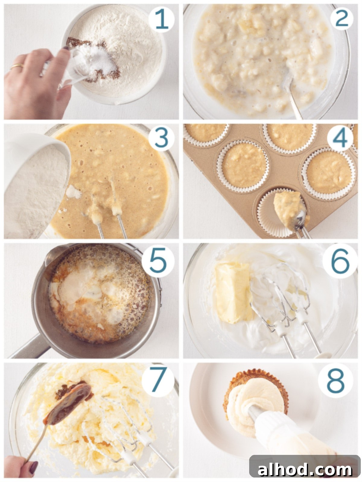 A visual guide showing 8 distinct steps for preparing banana cupcakes with caramel buttercream, from mixing ingredients to piping frosting.