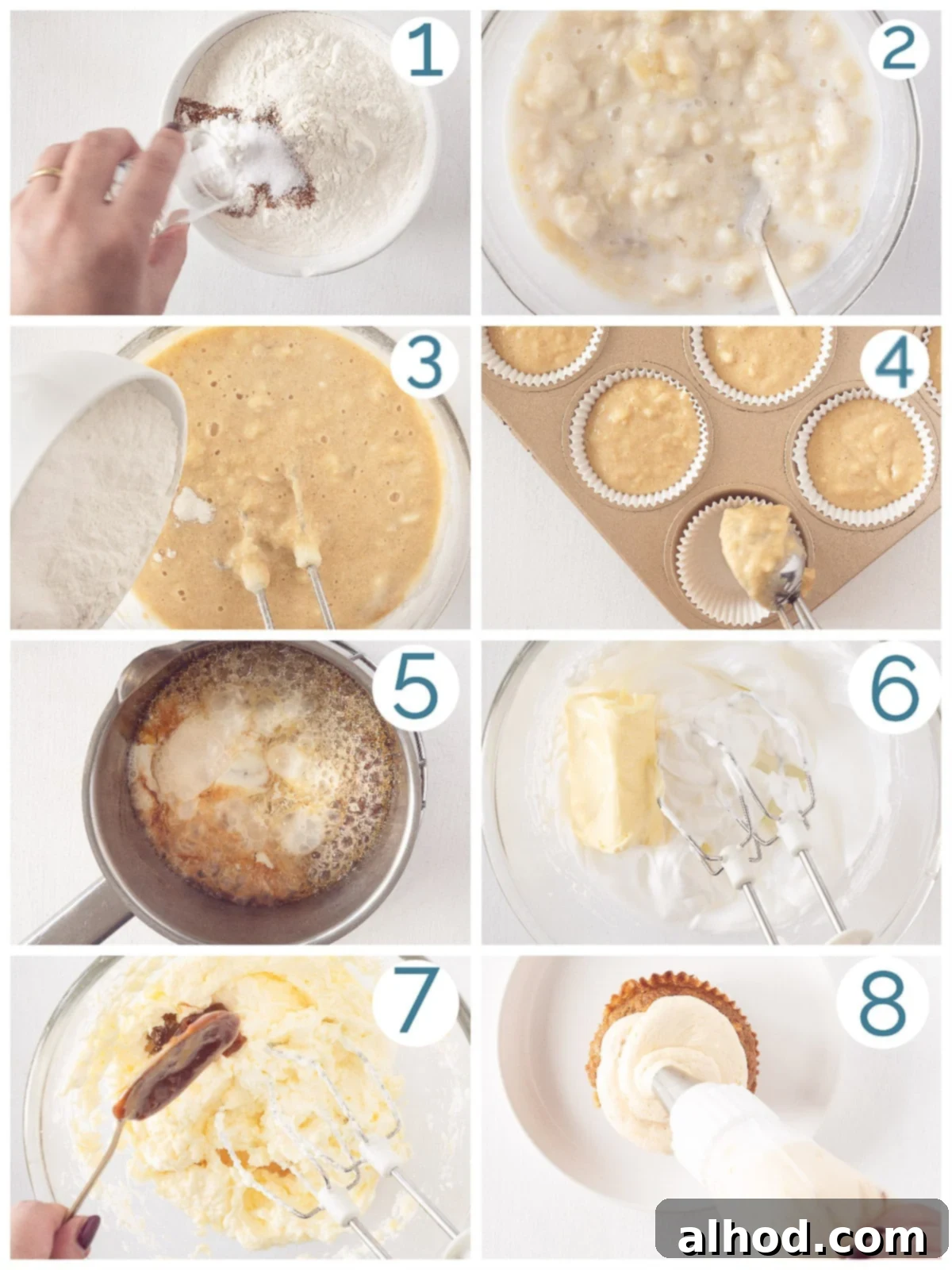 Eight steps for preparing Banana Cupcakes with Caramel Buttercream, shown visually.