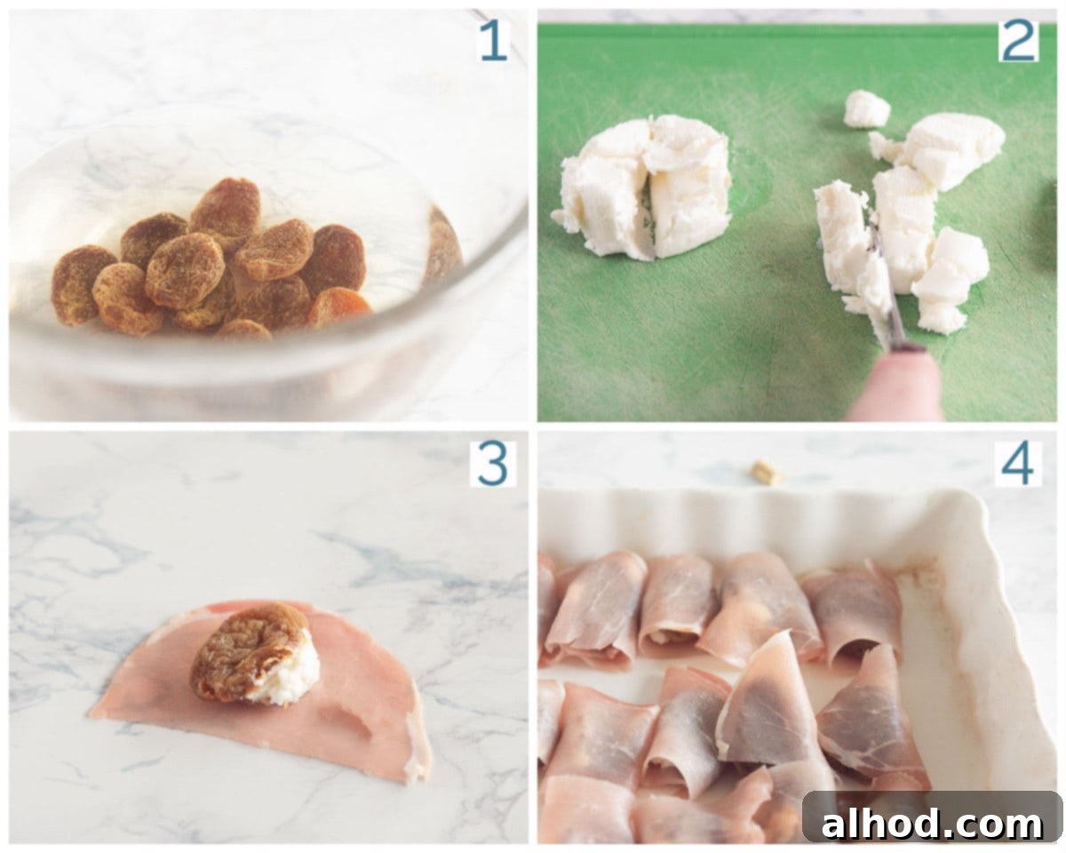 Warm Bacon Wrapped Goat Cheese Apricot Bundles 4 Preparation photos in four steps how to prepare bacon wrapped goat cheese stuffed apricots