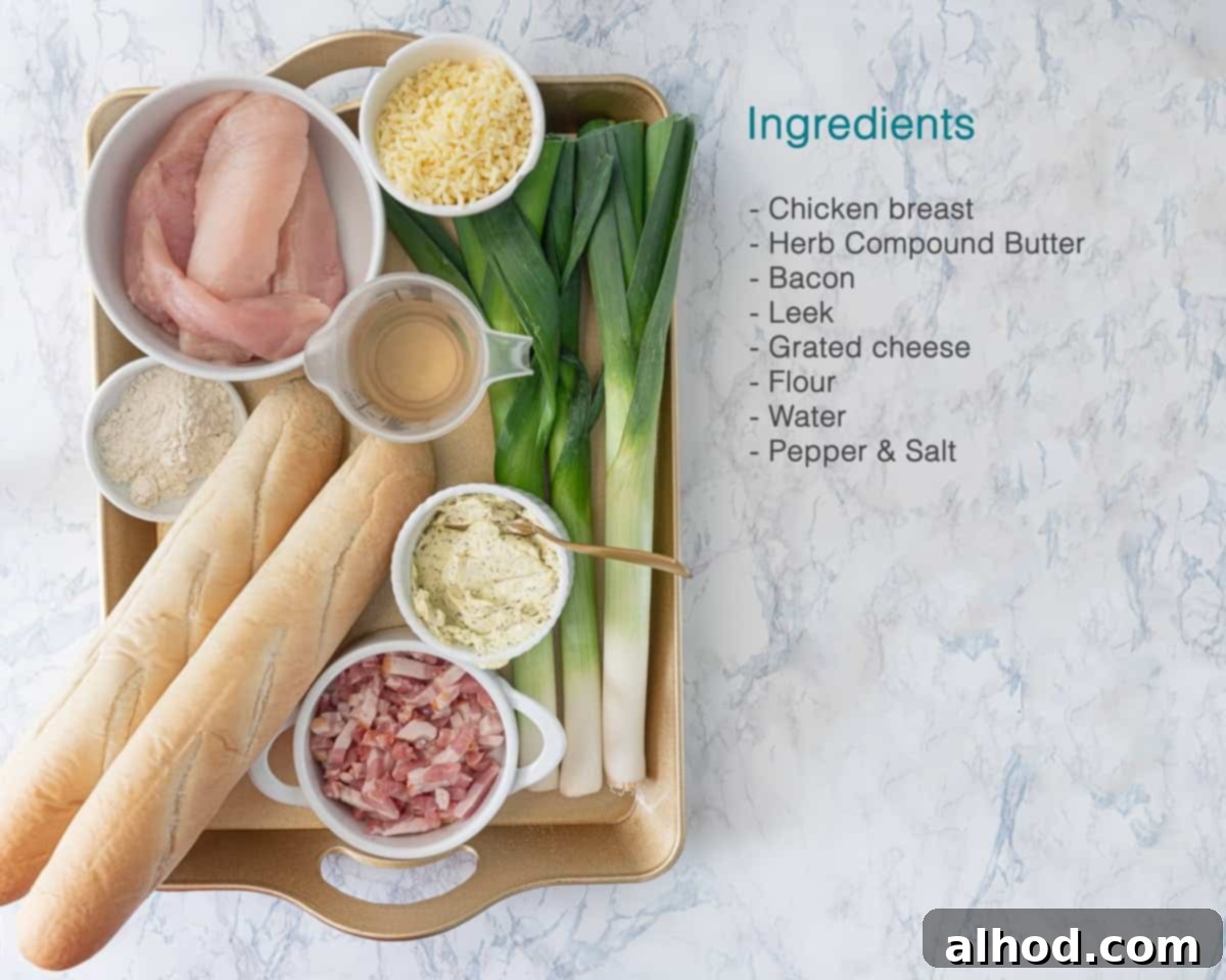 Creamy Chicken and Leek Comfort Bake 3 Ingredients Chicken and Leek Casserole on a golden plate to the left. On the right a text description of the ingredients.