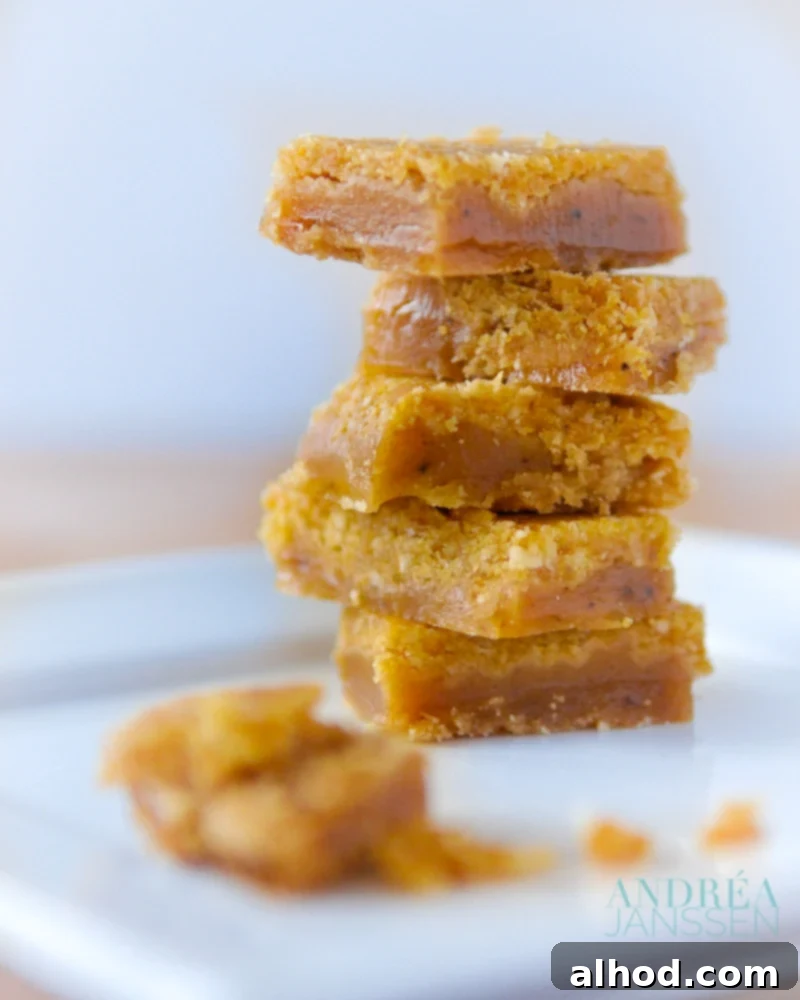 Decadent Praline Caramel Bites 2 Close-up of golden caramel praline toffees stacked artfully on a white plate, showcasing their invitingly crisp texture and rich color.