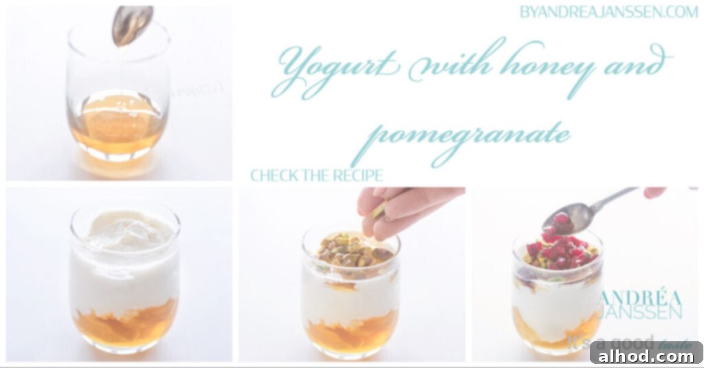 Creamy yogurt with honey and vibrant red pomegranate seeds, garnished with pistachios in a clear glass bowl, perfect for brunch.