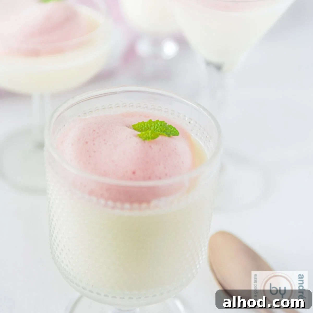 Silky Buttermilk Panna Cotta with Light Berry Foam 4 Square photo of buttermilk panna cotta in a glass with berry foam topping