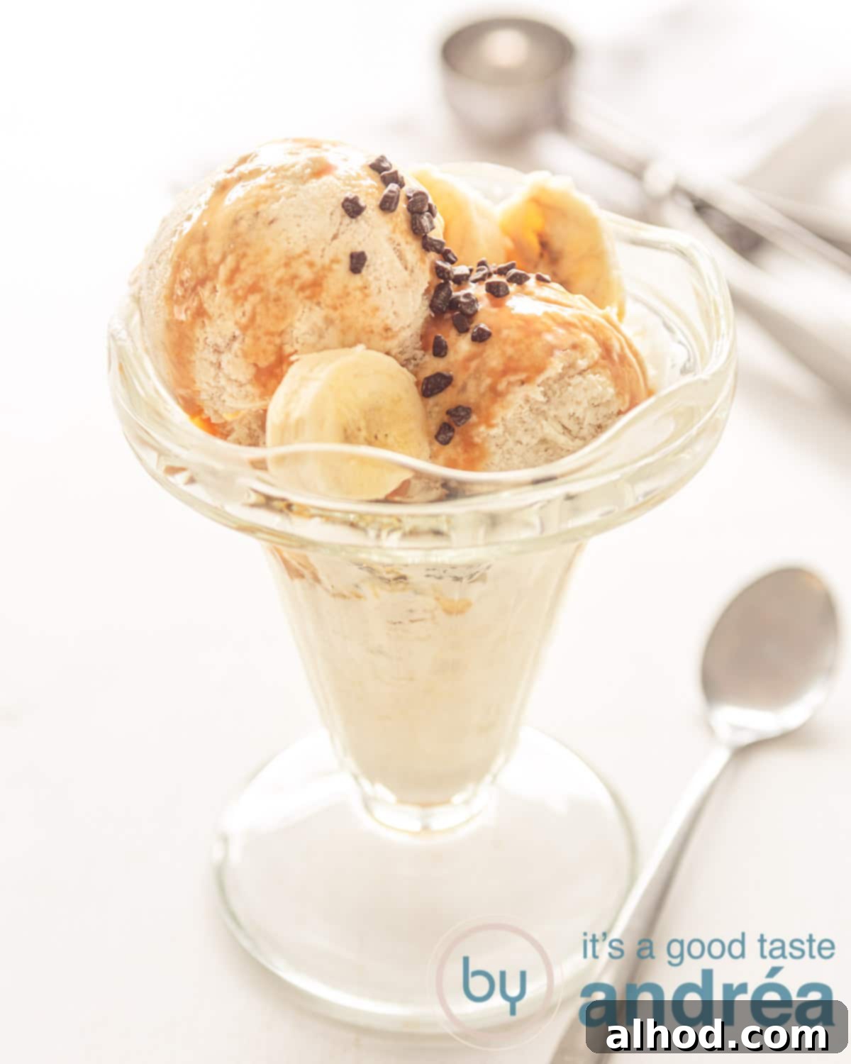 Velvety Homemade Banana Ice Cream 7 A elegant glass coupe filled with homemade banana ice cream, garnished with fresh mint and a subtle drizzle.