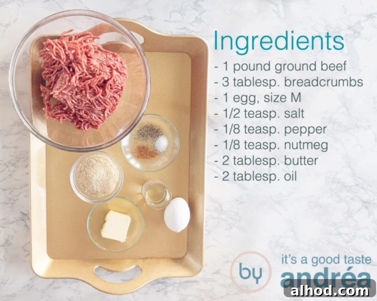 Granny's Authentic Dutch Meatballs 3 Ingredients for Dutch meatballs including minced beef, breadcrumbs, an egg, salt, pepper, nutmeg, butter, and oil laid out on a wooden surface.