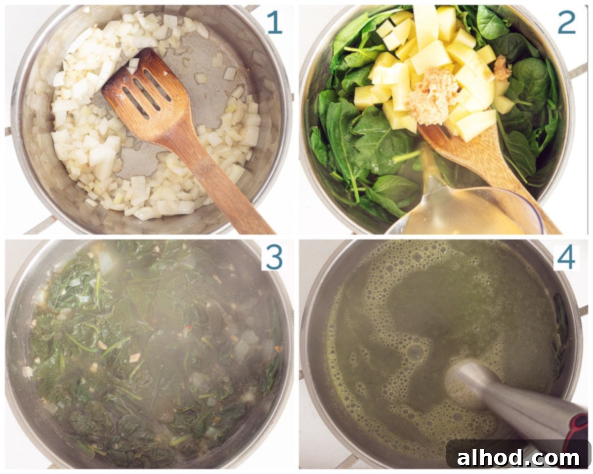 Hearty Vegan Spinach Potato Soup 4 A step-by-step photographic guide showing the preparation of vegan spinach soup with fresh spinach in a large pot, illustrating the key stages of cooking.