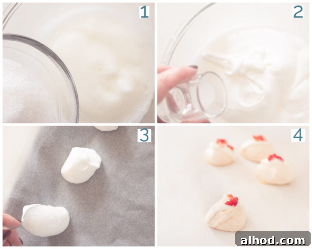 Fragrant Rose Meringue Kisses 4 4 collage photo showing the preparation steps for Rose Meringues: whisking egg whites, adding sugar and rose water, spooning onto a baking sheet, and finished meringues with strawberries and cream.