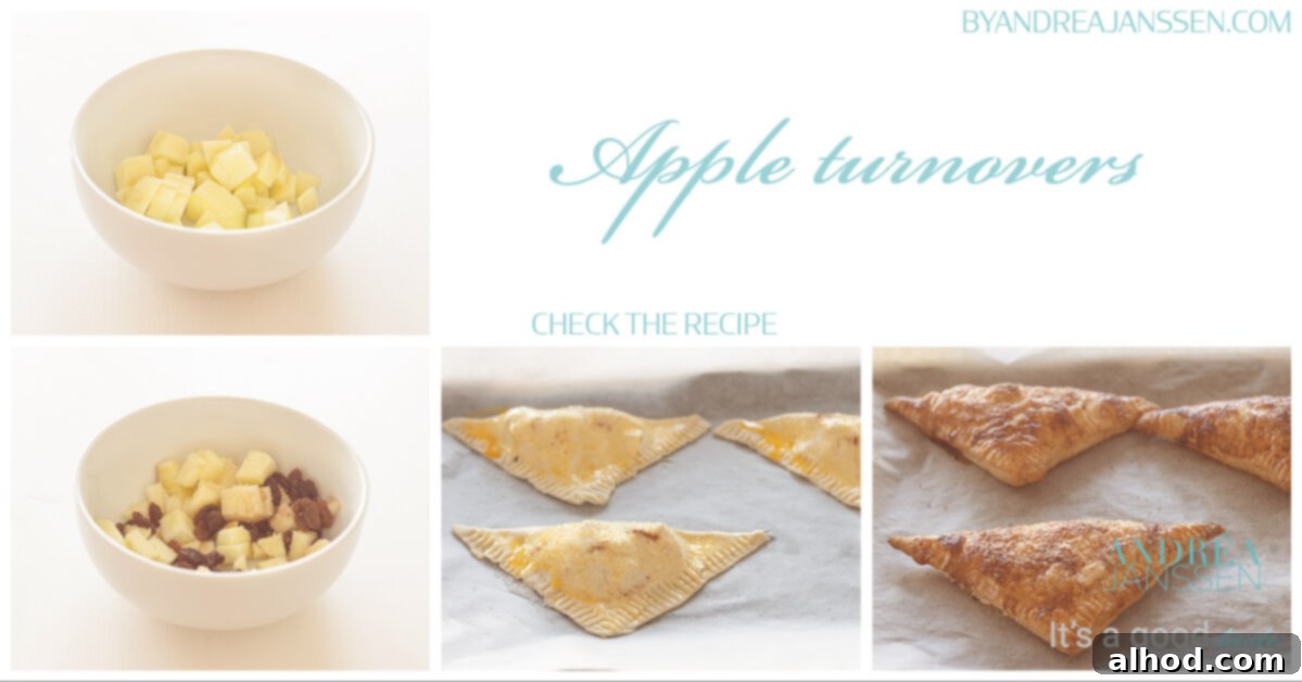 Classic Dutch Apple Turnovers 4 apple turnovers arranged on a baking sheet, ready for the oven, showcasing their perfect triangular shape and egg wash sheen.