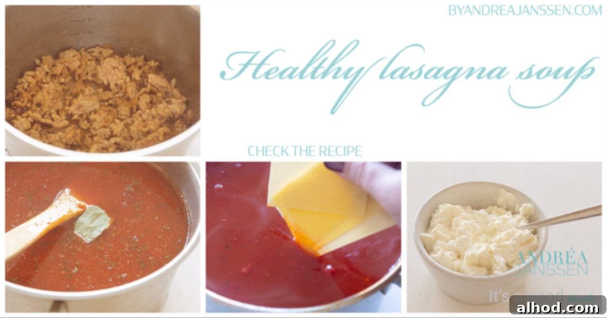 A vibrant bowl of healthy chicken lasagna soup, garnished with fresh herbs and a swirl of cheese, ready to be enjoyed.