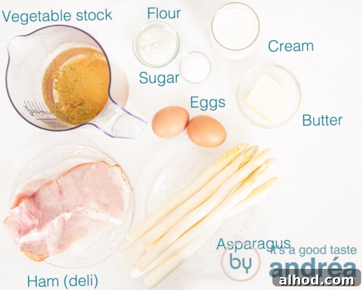 Velvety Dutch White Asparagus Soup 3 Ingredients for Dutch creamy asparagus soup laid out on a kitchen counter, featuring asparagus, ham, eggs, and dairy products.
