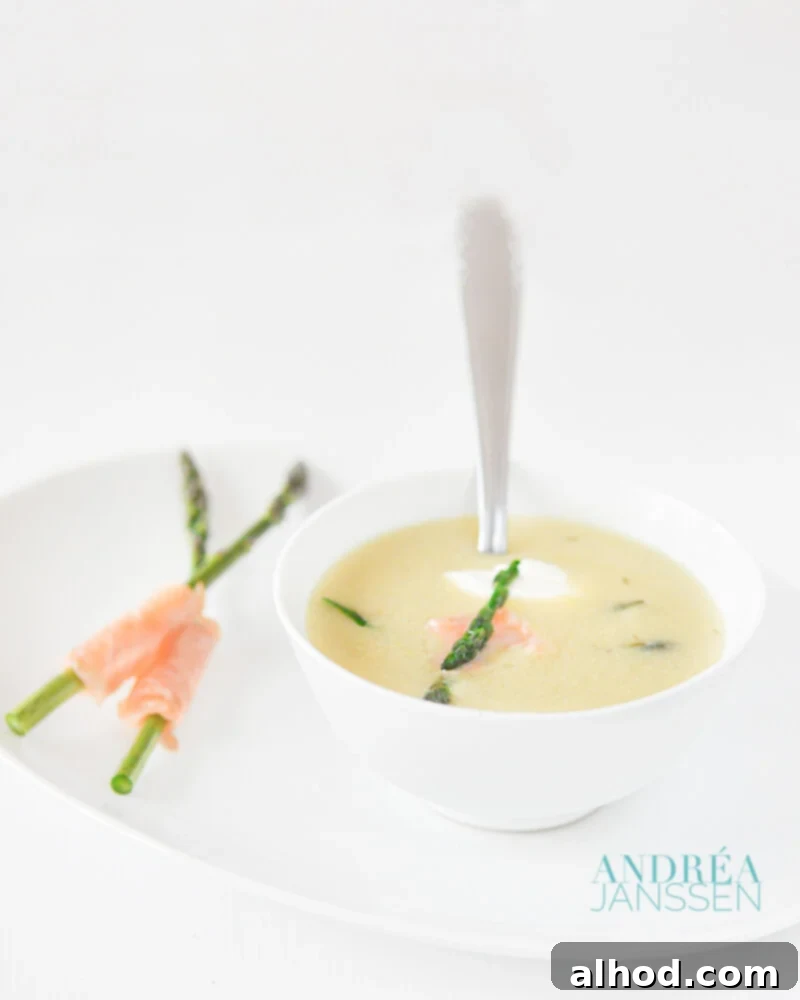 Smoky Salmon and Asparagus in Zesty Mustard Broth 3 A perfectly plated mustard soup with smoked salmon and green asparagus, showcasing its vibrant colors and appealing texture.
