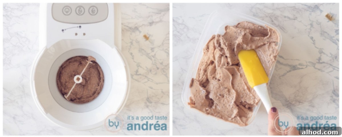 Decadent No-Machine Chocolate Ice Cream 6 put the chocolate mixture in a ice cream maker or a freezer box