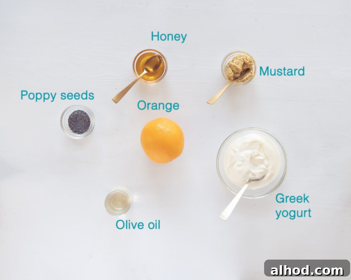 Velvet Orange Honey Mustard Dressing 3 Ingredients Creamy Orange Honey Mustard Dressing, individually labelled on a white background