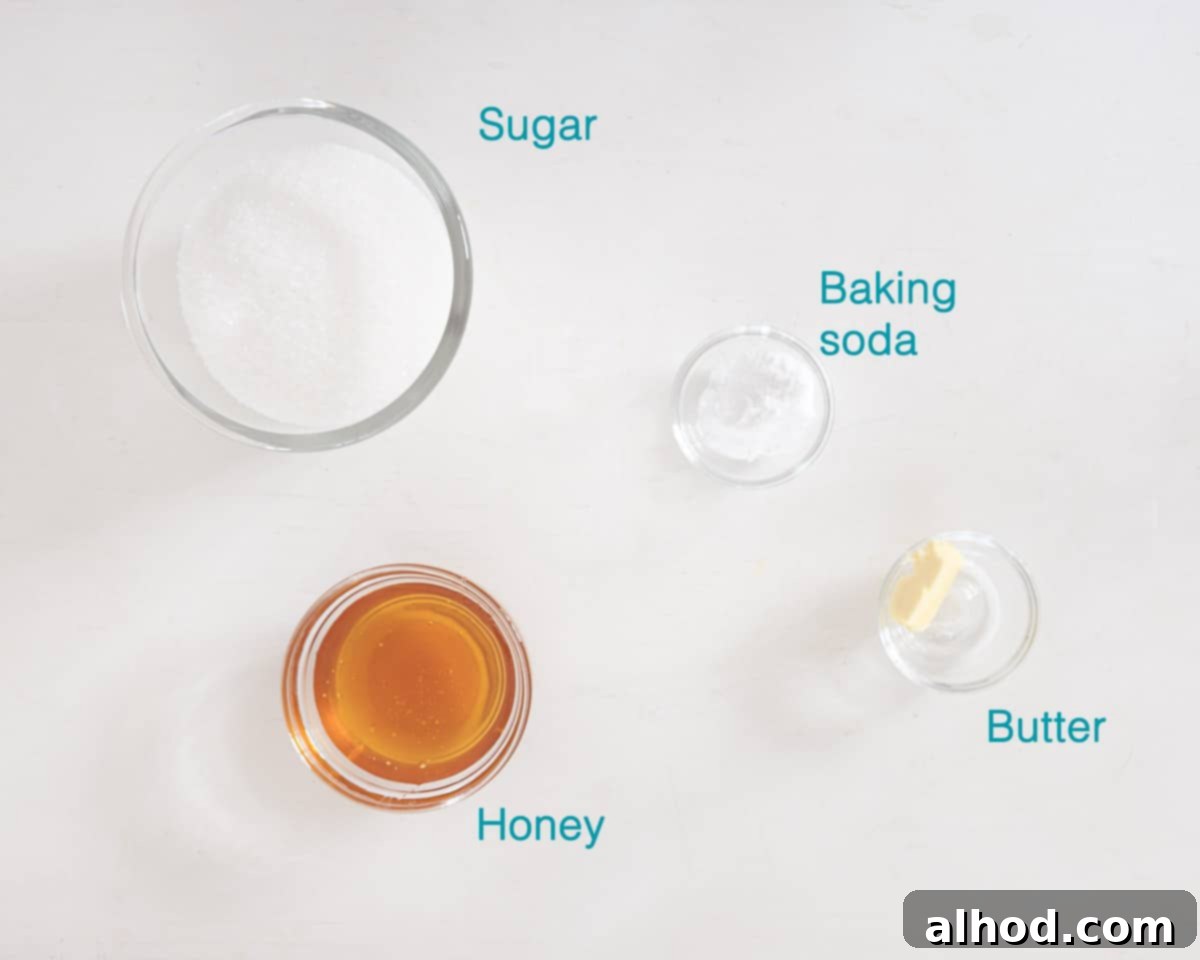 Ingredients Honeycomb Toffee Recipe, individually labelled on a white background