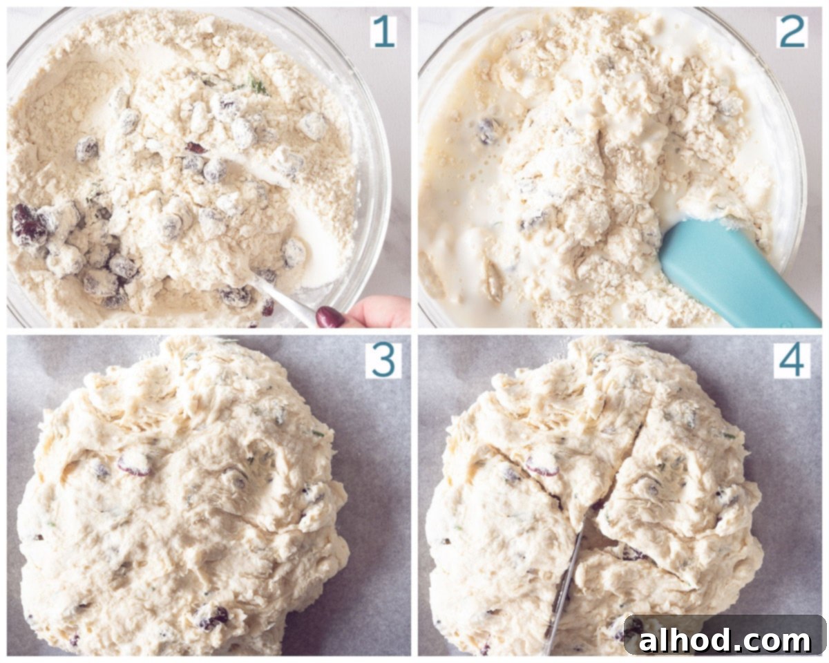 Effortless Irish Soda Bread 4 A 4-panel collage photo illustrating the preparation steps for Easy Irish Soda Bread, showing mixing ingredients, forming dough, scoring the top, and the baked loaf.