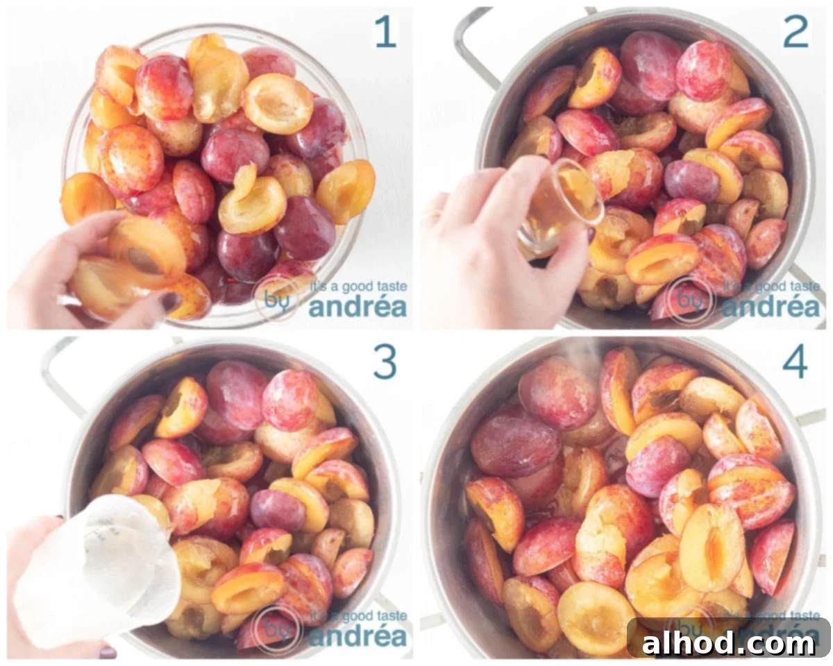 Luscious Plum Vanilla Delight 4 Halved, pitted plums placed in a large pan with vanilla extract and water, ready to be cooked.