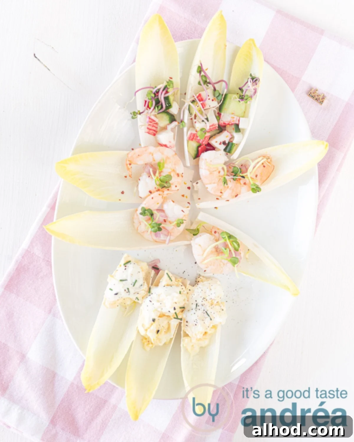 Chicory Boats Three Savory Creations 3 a white plate with chicory boats filled with crab, shrimp and egg salad