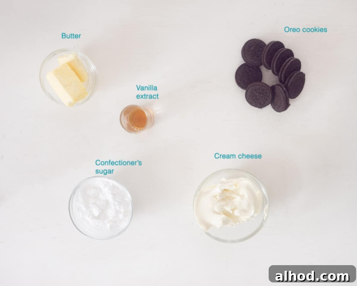 Simple and Scrumptious Oreo Chocolate Cupcakes 4 Ingredients Oreo frosting, on a white background, individually labelled