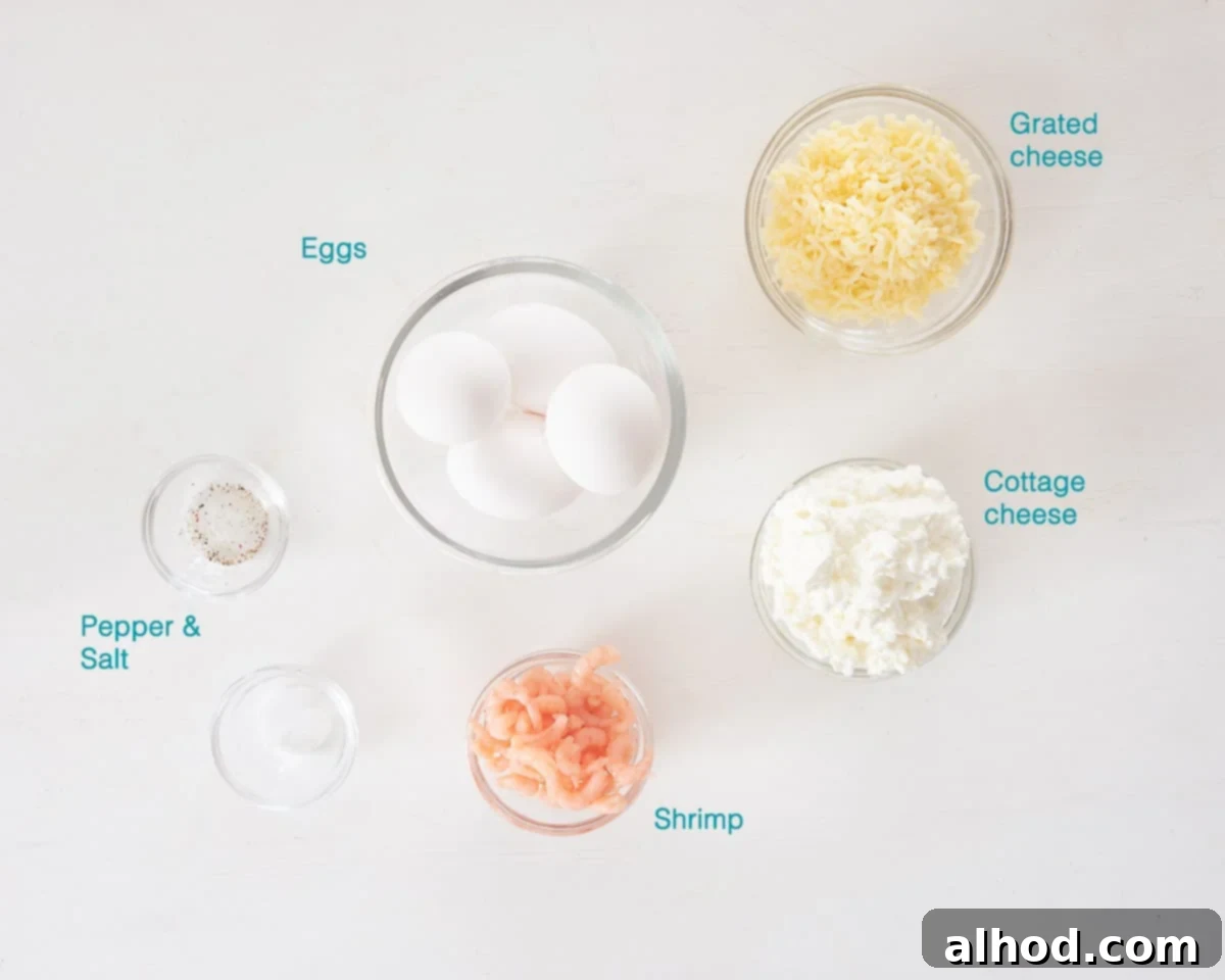 Silky Steam-Cooked Eggs in Ramekins 3 A visual display of ingredients for Steam Oven Potted Eggs, each item neatly labeled and arranged on a pristine white background.