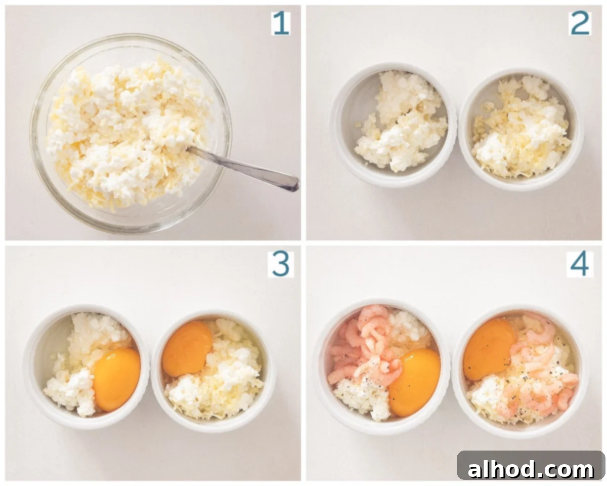 Silky Steam-Cooked Eggs in Ramekins 4 A four-photo collage illustrating the preparation steps for Shrimp with Egg from a steam oven, showing mixing, assembly, and cooking.