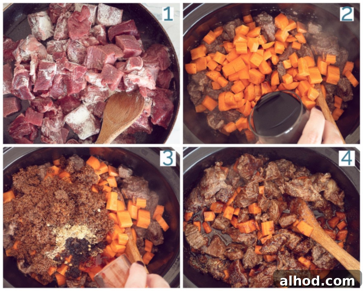 Easy Crockpot Mongolian Beef 4 4 steps collage preparation Slow cooker Mongolian Beef