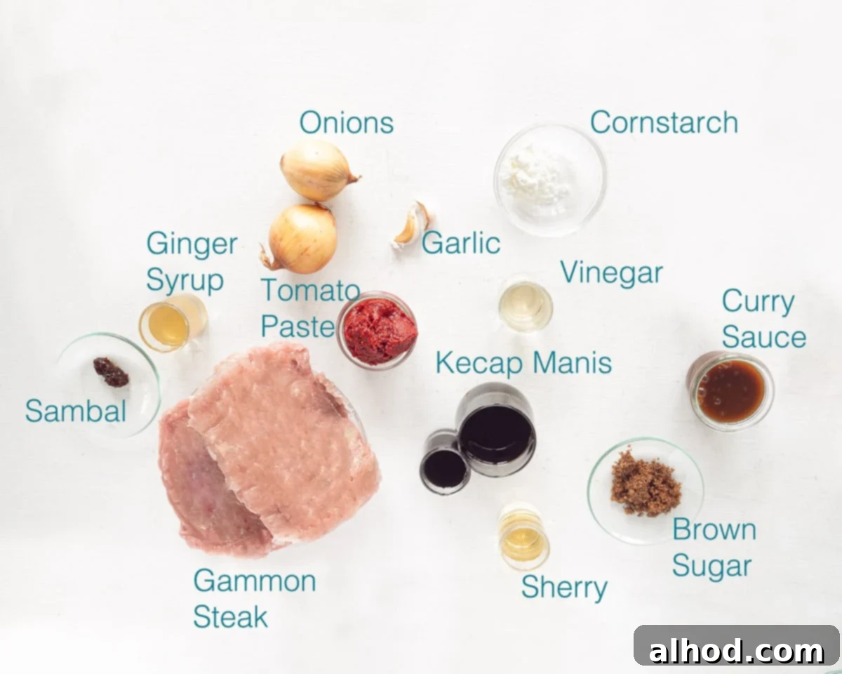 Authentic Chinese Babi Pangang Recipe 3 A selection of fresh ingredients laid out, including onions, garlic, pork, various sauces, and spices, ready for Babi Pangang preparation.