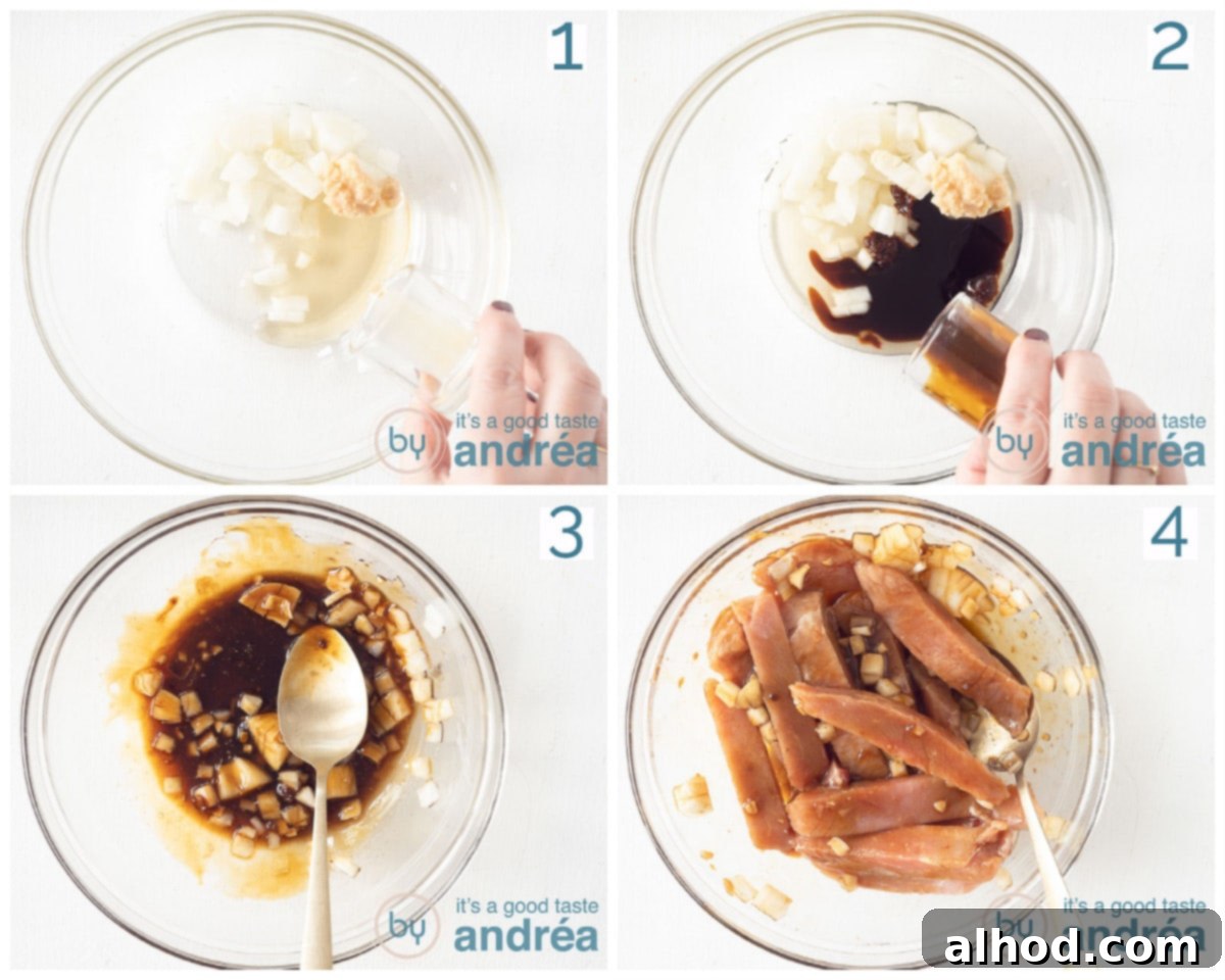 Authentic Chinese Babi Pangang Recipe 4 Four images showing the process of preparing and marinating ham steak for Babi Pangang.