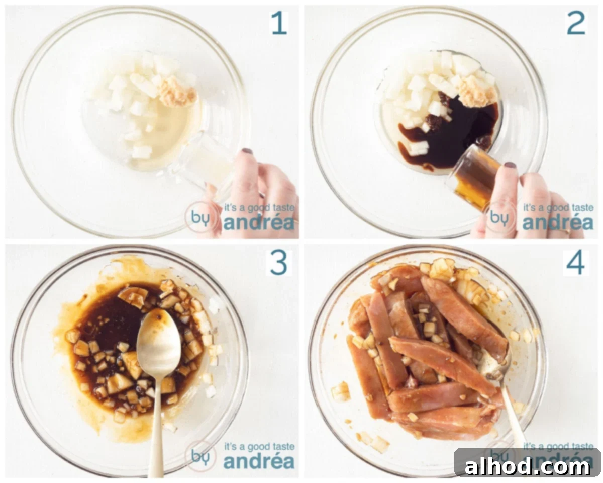 Authentic Chinese Babi Pangang Recipe 4 Four images showing the steps of preparing the marinade for ham steak and marinating the meat.