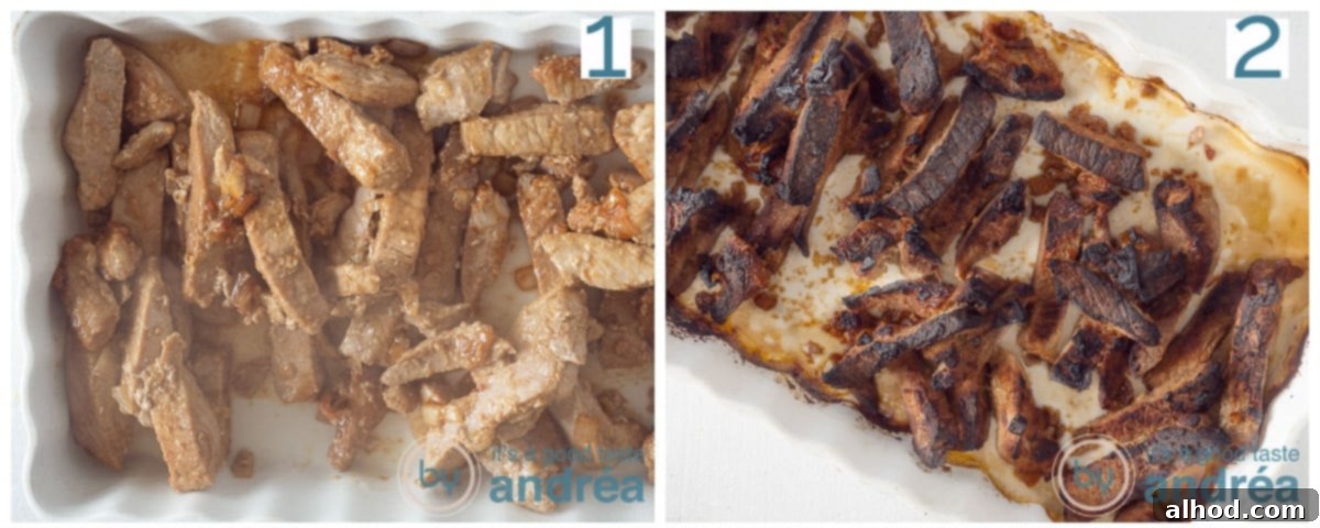 Authentic Chinese Babi Pangang Recipe 6 Crispy Babi Pangang pork pieces grilling in a ceramic oven dish, achieving a dark brown, appetizing finish.