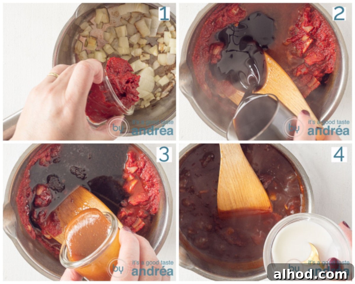 Authentic Chinese Babi Pangang Recipe 7 Four images showing the preparation of the sweet tomato sauce for Babi Pangang.