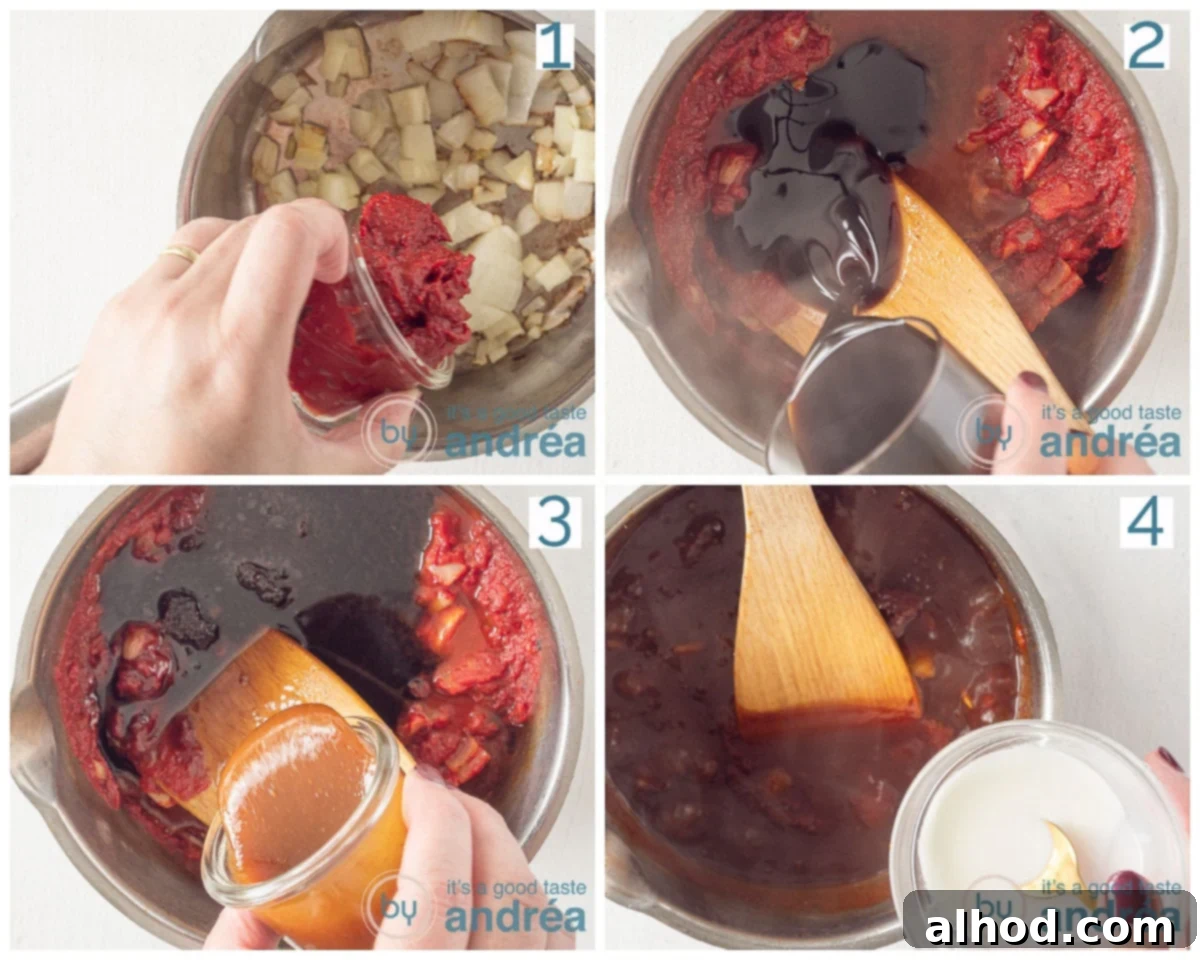 Authentic Chinese Babi Pangang Recipe 7 Four step-by-step images illustrating the preparation of the glossy sweet tomato sauce for Babi Pangang.