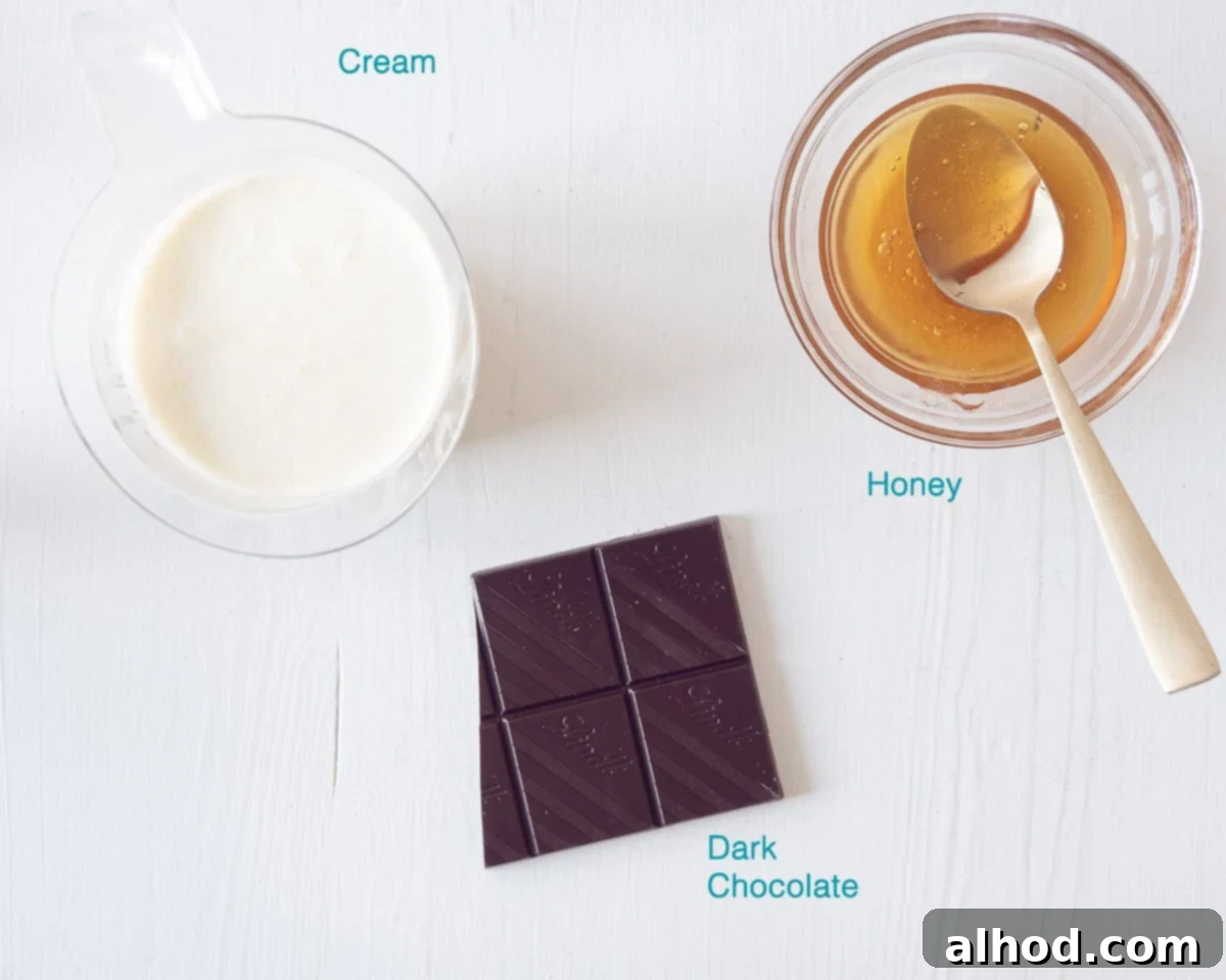 Dreamy No-Churn Honey Chocolate Ice Cream 3 Individually labeled ingredients for No-Churn Honey Ice Cream with Chocolate, set against a clean white background.