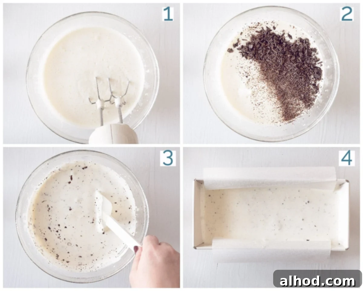 Dreamy No-Churn Honey Chocolate Ice Cream 4 A four-panel collage showing the preparation steps for no-churn honey ice cream with chocolate: whipping cream, adding honey, folding in chocolate, and pouring into a container.