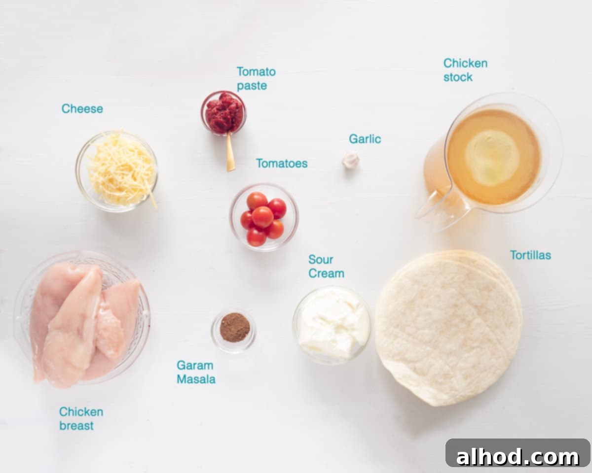 Ultimate Chicken Enchiladas 3 A high-angle photograph showcasing all the individual ingredients for Chicken Enchiladas, neatly laid out and labeled on a clean white background.
