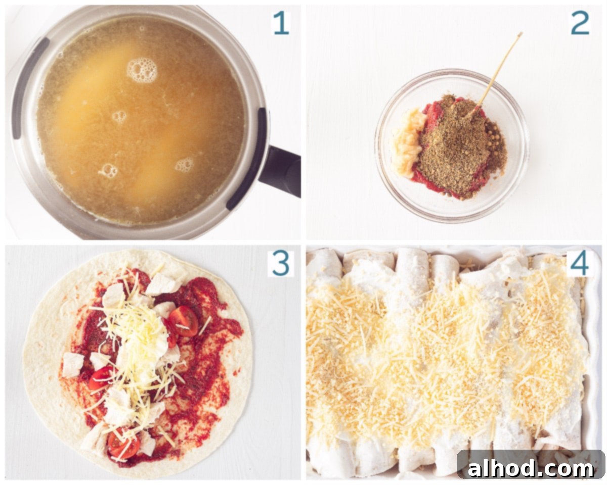 Ultimate Chicken Enchiladas 4 A four-photo collage illustrating the key preparation steps for the Chicken Enchilada Casserole, from cooking chicken to assembling the wraps.