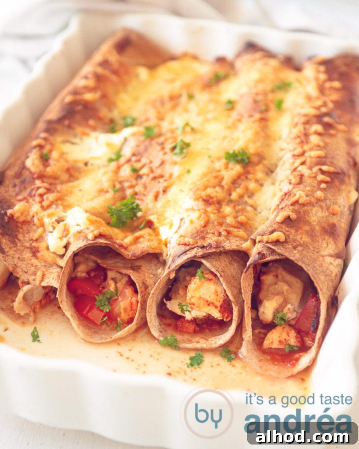 Ultimate Chicken Enchiladas 5 A pristine white casserole dish beautifully presented with four golden-brown chicken enchilada wraps, perfectly au gratin. The melted cheese creates a delicious, crispy crust.