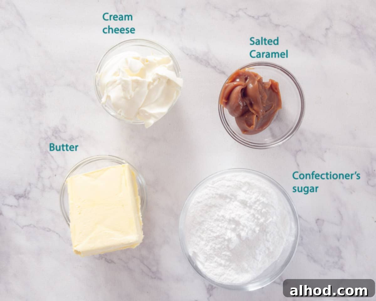 Effortless Salted Caramel Cupcake Delights 4 Ingredients Caramel frosting on a marble white background with text description