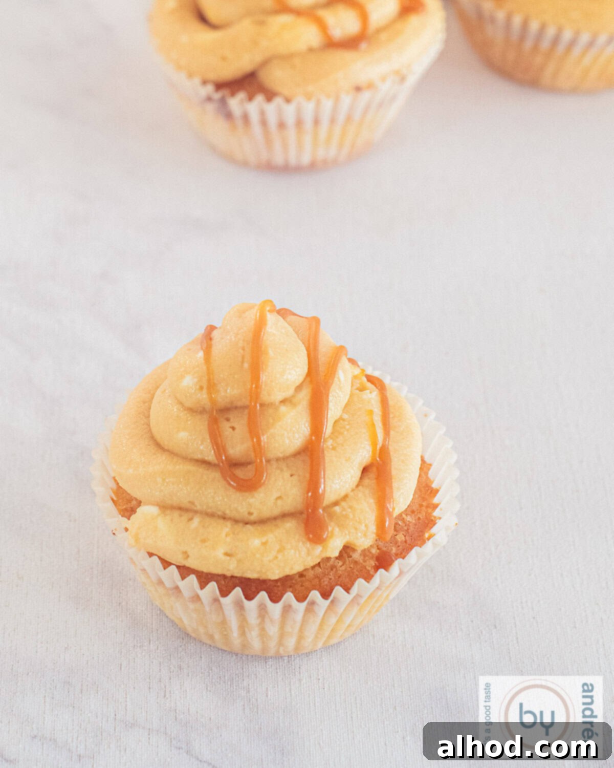 Effortless Salted Caramel Cupcake Delights 9 A height picture with salted caramel flavored cupcakes.