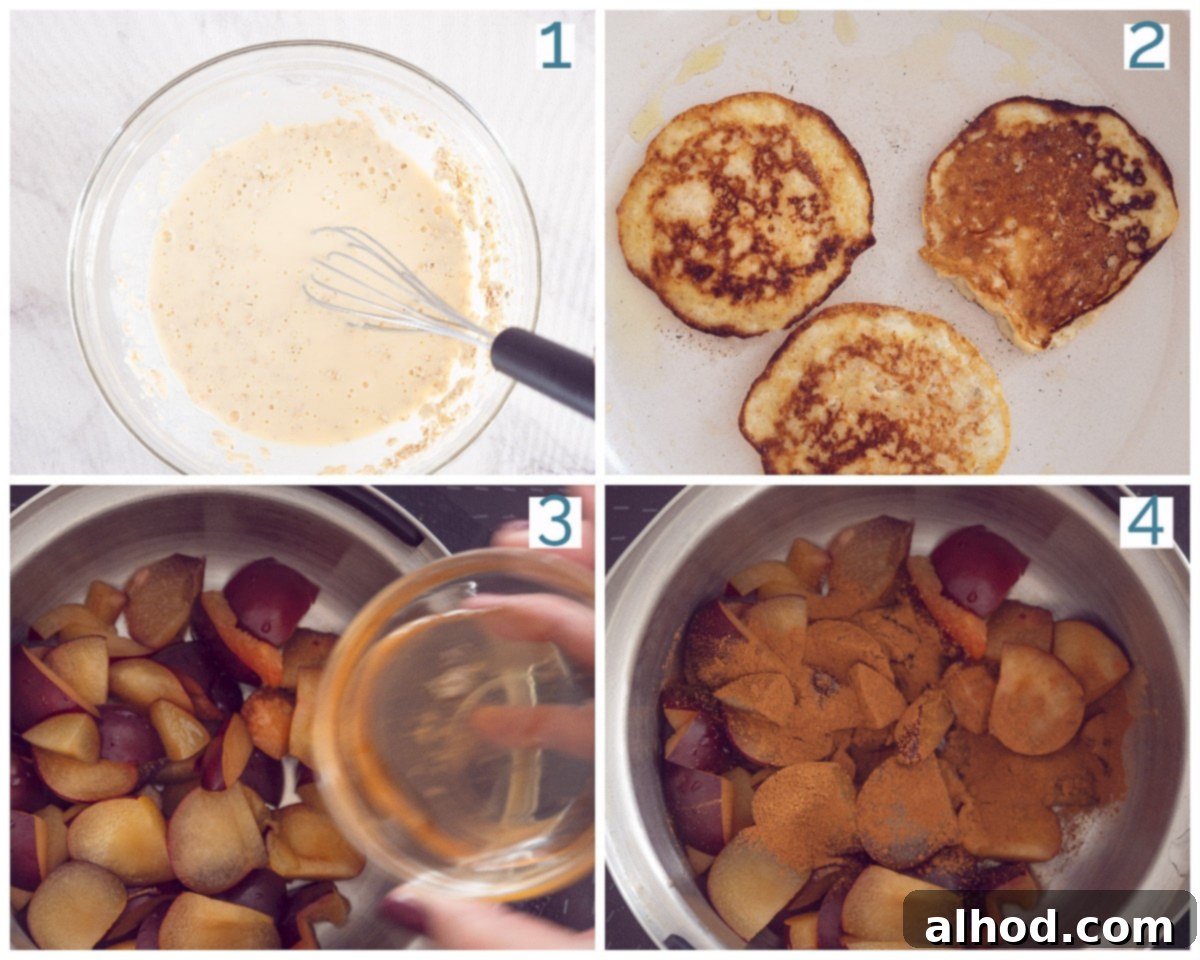 Fluffy Oatmeal Pancakes with Sweet Plum Compote 5 4 collage photo preparation Oatmeal Pancakes with Plum Compote