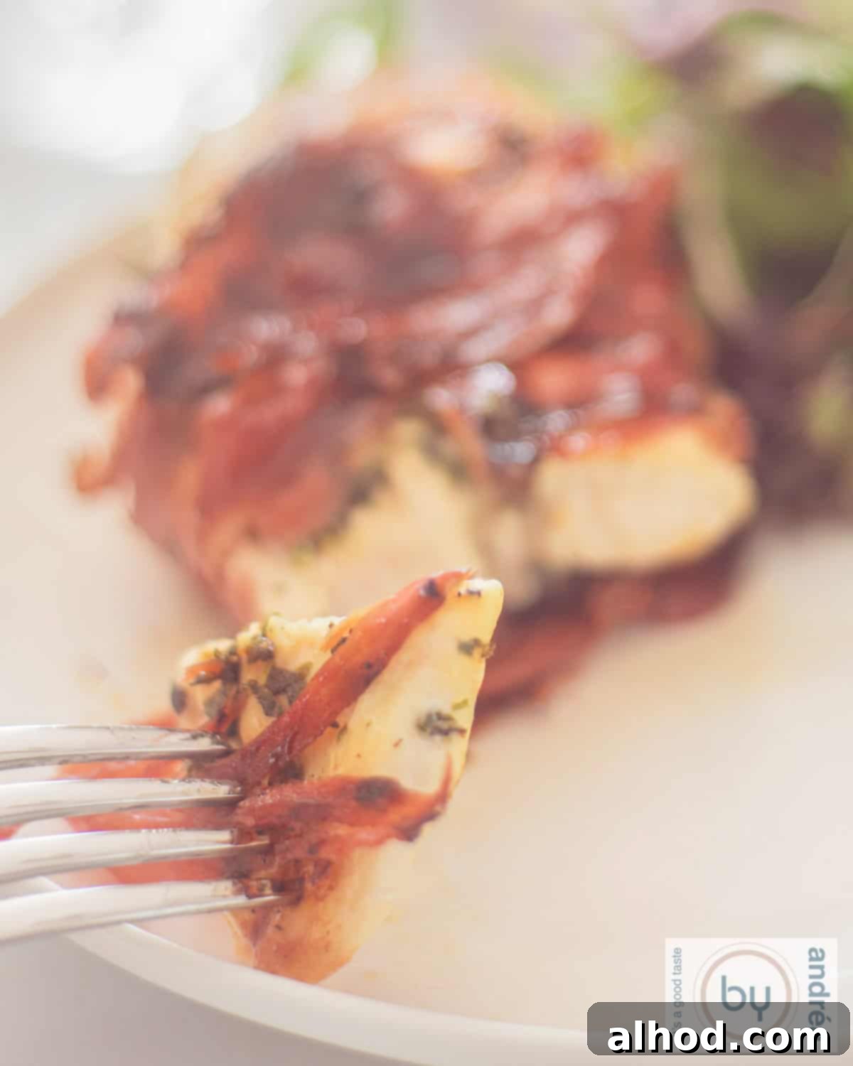 Easy BBQ Tuscan Chicken and Serrano Ham 3 A chicken breast with Serrano ham and Italian herbs on a white plate. A piece has been cut off.