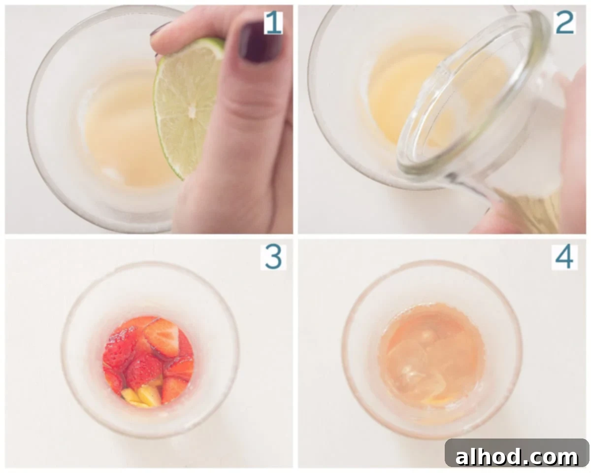 Crafting the Perfect Clerico Punch 4 A four-step photographic collage illustrating the preparation process of Clerico, showing ingredients being mixed, fruit being added, and the final chilling process in a pitcher.