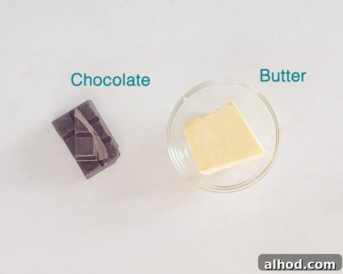 Decadent Chocolate Butter Spread 3 Ingredients for Chocolate Butter, individually labeled on a clean white background, highlighting quality butter and chocolate.